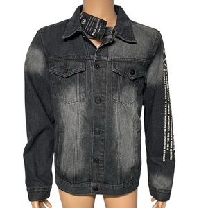 Reason Gray L Trucker Denim Jacket Hand Crafted Distressed Mission Apollo X NWT